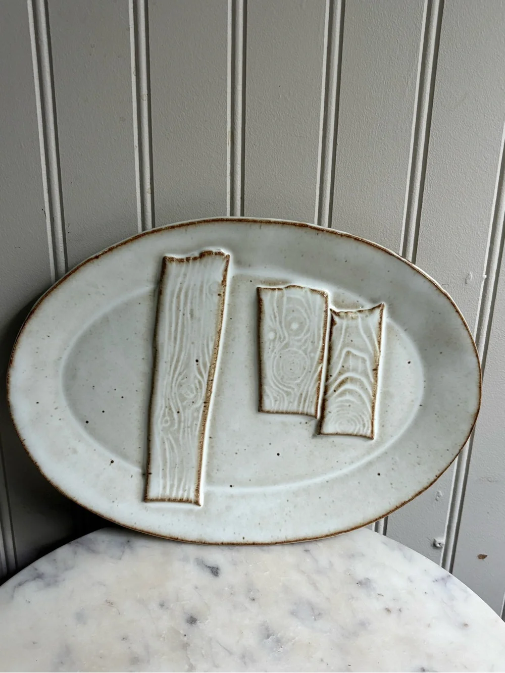 Vintage Primitive Studio Pottery Serving Plate/Platter Cream & Brown Wood Grain